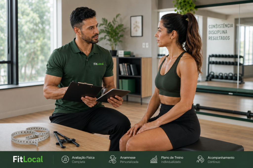 Personal trainer fazendo avaliação física e anamnese de aluna em estúdio fitness